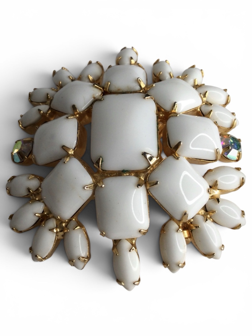 Vintage Gold-Tone Milk Glass Cabochon Floral Brooch with AB Accents - Picture 11 of 14